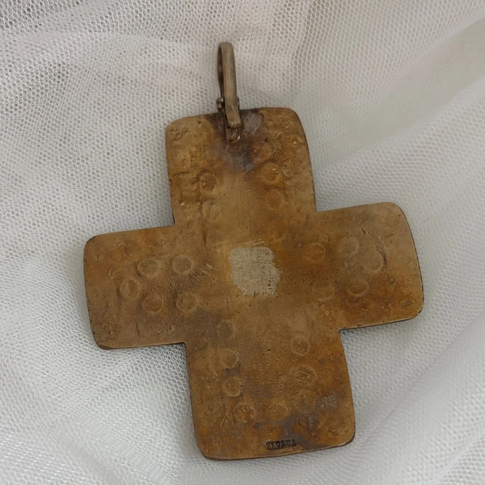 Turquoise and Brass Crystal Cross Pendant - Picture 2 of 7